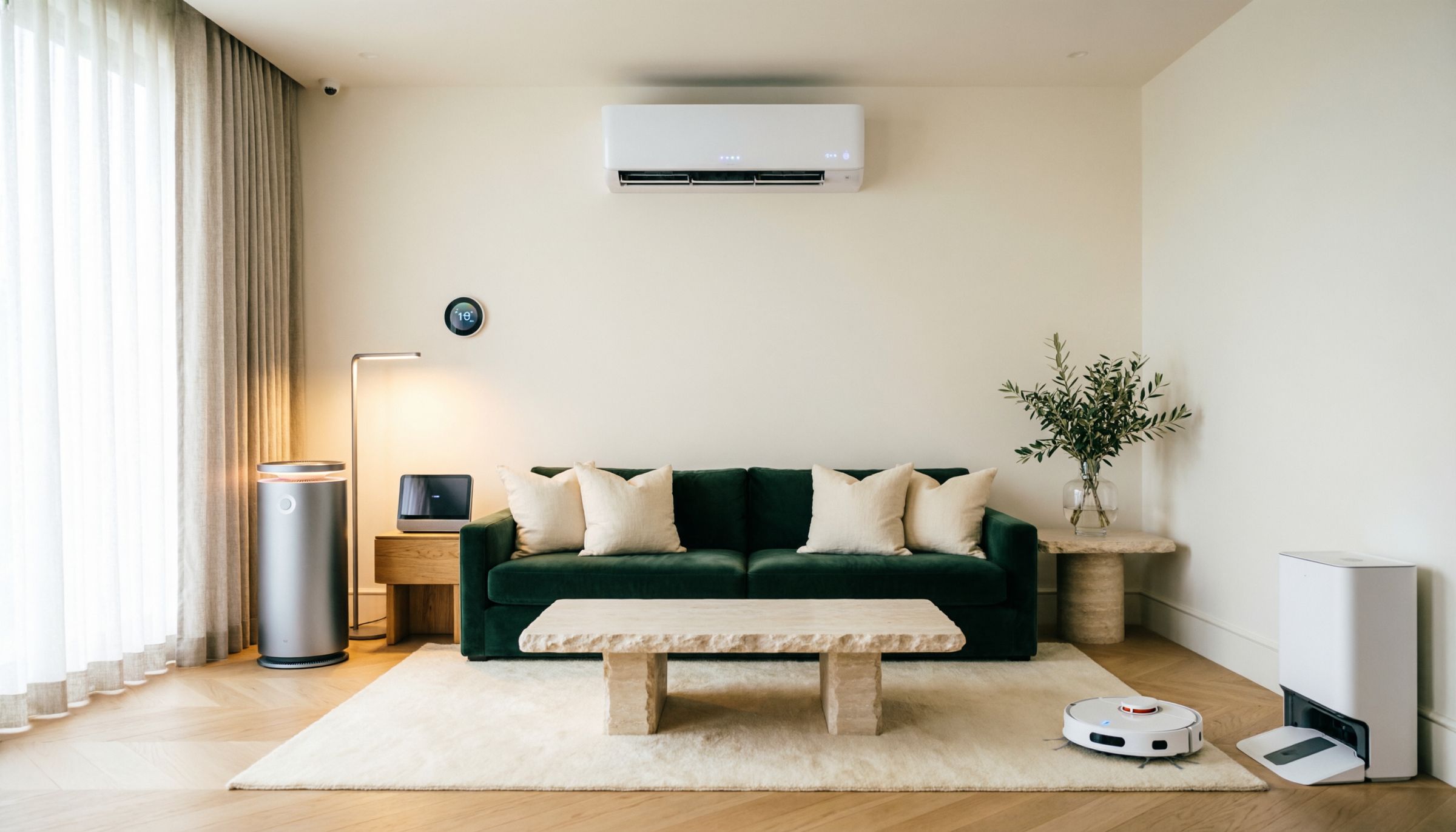 Soggiorno luminoso con divano in velluto verde, climatizzatore a parete, termostato smart, purificatore d'aria e robot aspirapolvere bianco accanto alla sua base